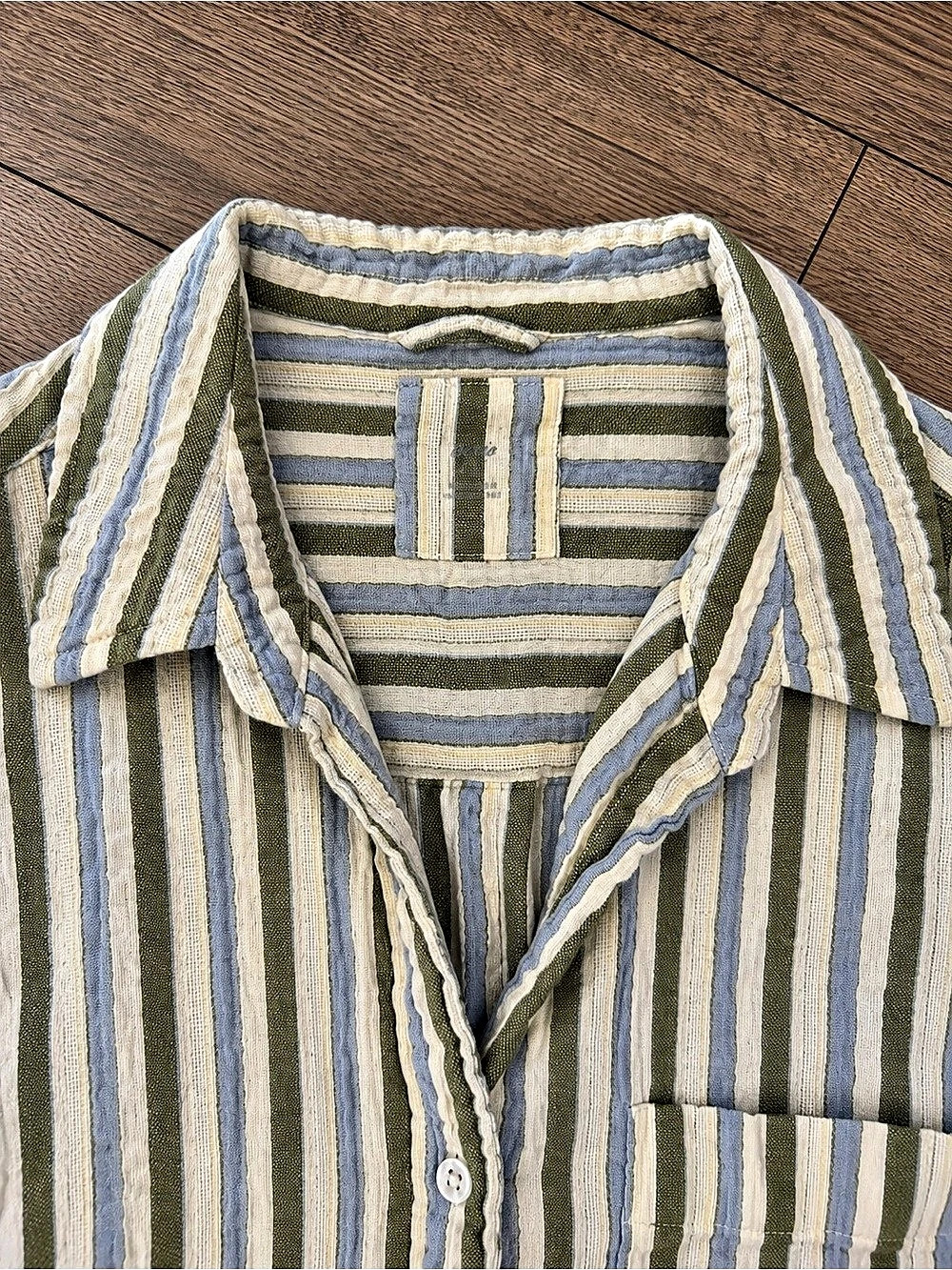 Aerie Men's Striped Button Down in Green & Blue - Picture 2 of 2
